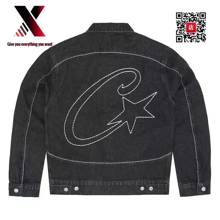 Unisex Black Denim Jacket with White Embroidered 'C' Star Design
