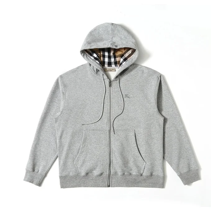 Burberry Grey Zip-Up Hoodie with Check Lining